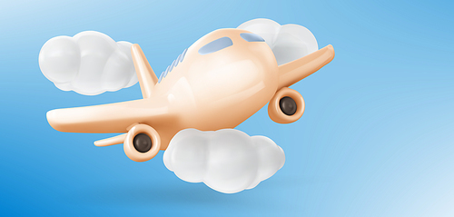 3d plane in air. Concept of travel, flight, trip with aeroplane in sky with white clouds. Vector cartoon illustration with commercial jet, aircraft flying in blue sky