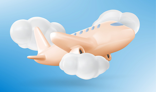 3d plane in air. Concept of travel, flight, trip with aeroplane in sky with white clouds. Vector cartoon illustration with commercial jet, aircraft flying in blue sky