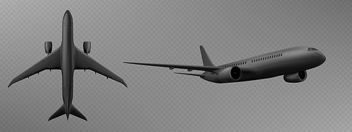Isolated top view 3d realistic vector airplane. Black passenger aircraft or jet with wing, engine and fuselage mockup illustration on transparent background. Modern international aviation machine