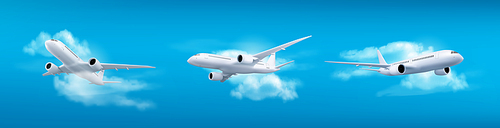 3d plane flight takeoff in sky vector concept set. Jet fly in air scene illustration for commercial tourism design collection. International flying charter transport with blank wing mockup side view