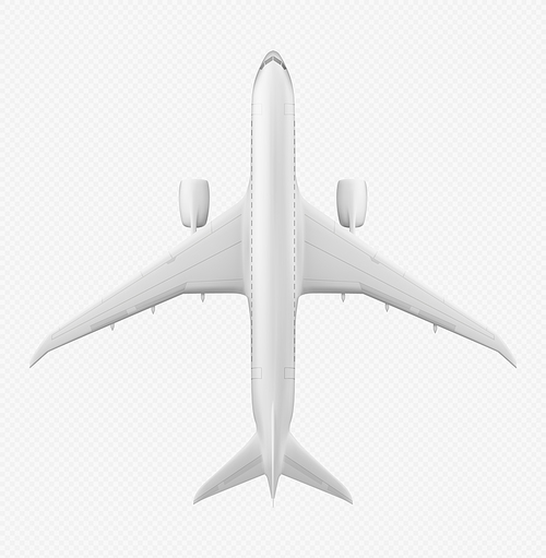 Top view of realistic 3D plane isolated on transparent background. Vector illustration of white aircraft for passenger, freight transportation, international mail delivery. Transport for travel