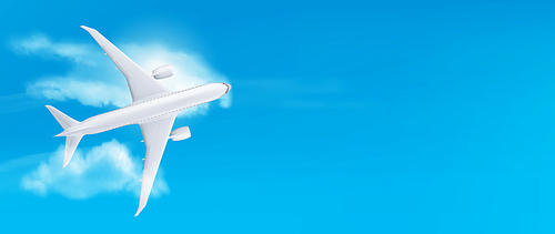 Realistic 3D plane flying on blue sky background. Vector illustration of white aircraft mockup for passenger, freight transportation, international mail delivery. Holiday travel banner template