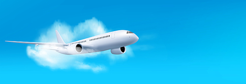 3d white airplane flying on blue sky landscape background with cloud, vector illustration, Realistic banner with blank passenger jet flight, side view, aviation concept or vacation trip ads mockup