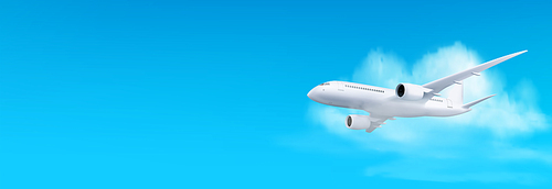 3d white airplane flying on blue sky landscape background with cloud, vector illustration, Realistic banner with blank passenger jet flight, bottom view, aviation concept or vacation trip ads mockup