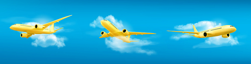3d yellow airplane flying on blue sky landscape background with cloud, vector illustration, Realistic banner with blank passenger jet flight, bottom view, aviation concept or vacation trip ads mockup