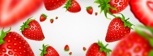 3d isolated realistic strawberry fruit slice frame on transparent background. Half cut red flying berry summer graphic design. Falling sliced summer natural product group border decoration with blur