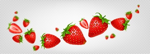 3d isolated vector strawberry fruit slice wave. Realistic red fresh flying cut and whole berry food with seed blur dynamic creative composition. Summer falling product organic harvest decoration