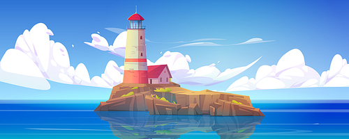 Cartoon vector sea landscape background with lighthouse on island. Illustration with house on rocky coast in ocean. Beacon and building on harbor. Beautiful panoramic seascape.