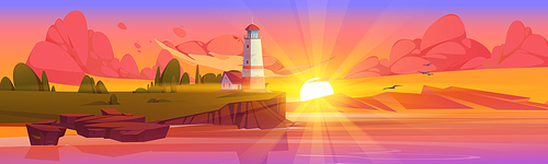 Lighthouse on sea coast. Summer sunset landscape of ocean beach with beacon, building on cliff. Vector cartoon illustration of seascape with nautical navigation tower. Ocean shore with light house