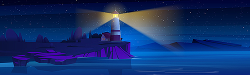 Lighthouse on sea coast. Starry night landscape of ocean beach with beacon and building on cliff. Vector cartoon illustration of seascape with nautical navigation tower. Ocean shore with light house