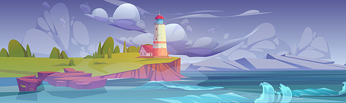 Lighthouse on sea coast in storm. Summer landscape of ocean beach with beacon and building on cliff. Vector cartoon illustration, seascape with nautical navigation tower. Ocean shore with light house