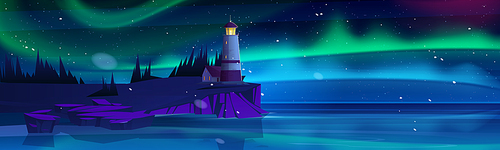 Lighthouse on sea coast. Starry night landscape of ocean beach with beacon and building on cliff. Vector cartoon illustration of seascape with nautical navigation tower, light house, sky with aurora