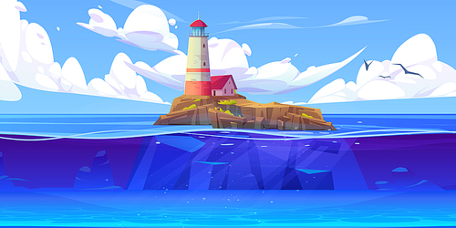 Cartoon vector sea landscape background with lighthouse on island. Illustration with house on rocky coast in ocean, underwater view. Beacon and building on harbor. Beautiful panoramic seascape.