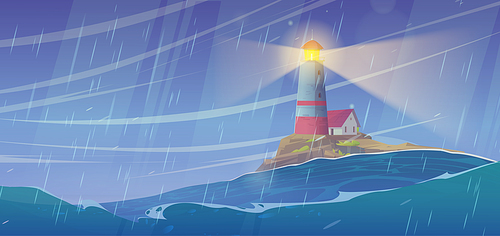 Sea landscape background with lighthouse on island. Cartoon vector Illustration with house on rocky coast in ocean, stormy weather, wind and rain. Beacon building on harbor seascape