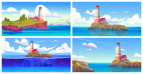 Cartoon set of seascape scenes with lighthouse on island. Vector illustration of nautical tower building on piece of rocky land with green trees and lawn under blue sky, white clouds, birds flying