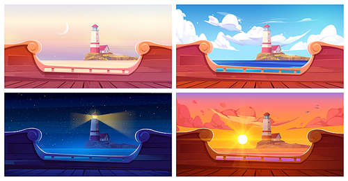 Lighthouse island view from old wooden ship board at night and day time. Vector cartoon illustration of nautical tower on rocky land, beautiful sunrise and sunset over sea water. Game adventure voyage