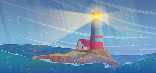Lighthouse on cliff island in storm sea vector illustration. Cartoon wind and rain in ocean with big wave and lightning signal from beacon. Stormy cyclone and foam waves nautical game background