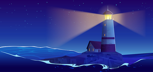 Cartoon night seascape with lighthouse island. Vector illustration of old beacon tower illuminating stormy sea waves, many stars on midnight sky, house on rock. Retro building for voyage navigation