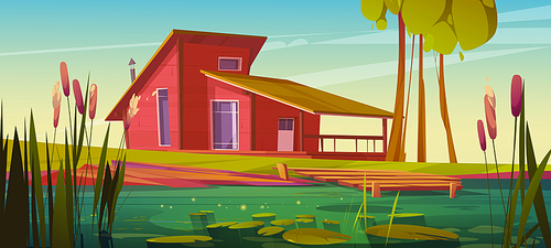 Cartoon wooden house near swamp with cattails. Vector illustration of natural landscape with green grass and trees, countryside cottage building in meadow, sunlight sparkling on water lake surface