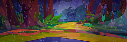 Summer jungle forest rainy landscape with puddle. Mysterious wild vector illustration with wind and rain drops, liana on trees and glade. Meadow with rock on ground and green plants at wet weather