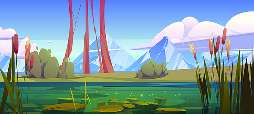 Green swamp and cattail near lake, mountain skyline vector background. Pond in bush with bulrush. Dirty water in river cartoon fantasy illustration. Wild nature landscape with shining water surface