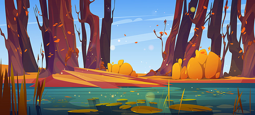 Green swamp or lake with waterlily vector background. Autumn pond with orange bush and falling leaves. Dirty water in river with shining surface cartoon illustration, wild landscape for fantasy game