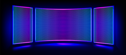 Tv show led screen stage and lcd wall background. Light panel concave monitor digital texture with dot pattern and scene. Curved cinema glittering diode pixel technology vector backdrop illustration