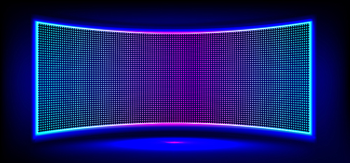 Realistic concave LED screen on wall or stage. Vector illustration of large TV display with glowing neon blue, purple dot lights on black background. Digital score panel with diode lamps for stadium