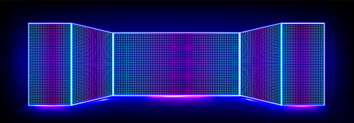 Tv show led screen stage and lcd wall background. Light panel concave monitor digital texture with dot pattern and scene. Curved cinema glittering diode pixel technology vector backdrop illustration