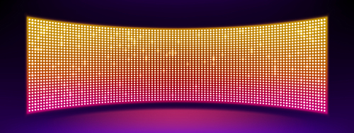 Realistic concave LED screen on wall or stage. Vector illustration of large TV display with glowing neon yellow, pink dot lights on black background. Digital score panel with diode lamps for stadium