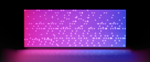 Realistic LED screen on stage. Vector illustration of large LCD display with glowing neon blue and pink dot lights isolated on black background. Concert hall, modern theater, night club decoration