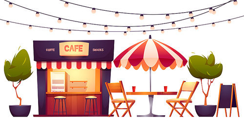 Outdoor cafe, summer booth in park, coffeehouse stall with street food drinks and snacks, cafeteria with table, chairs, umbrella, plants, lighting garland and menu board, Cartoon vector illustration