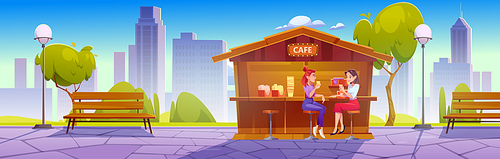Girls drink coffee sitting in street cafe. Vector cartoon illustration of summer city park landscape with women in outdoor cafeteria, wooden benches, green trees and town on skyline