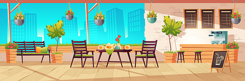 Summer terrace, outdoor city cafe, coffeehouse with wooden table, chairs and potted plants, chalkboard menu on cityscape view background. Street drinks or snacks cafeteria, Cartoon vector illustration
