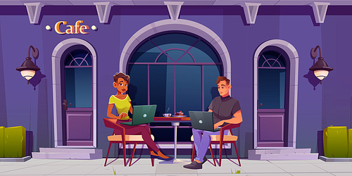 Man and woman work on laptops sitting in cafe. Restaurant or coffee shop facade with table outside and couple of freelancers. Vector cartoon illustration of remote job, freelance concept