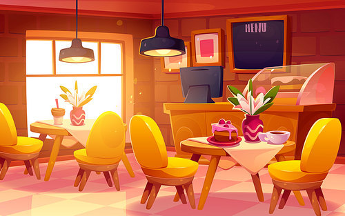 Bakery shop, cafe or coffee house with cake on showcase, counter, blackboard with menu, wooden tables and chairs. Empty bakery interior at morning, vector cartoon illustration