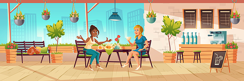Girls seating on cafe terrace or balcony with wooden bar counter and plants. Vector cartoon interior of coffee shop patio with tables, chairs and bench with sleeping cat. Women drink tea and talking