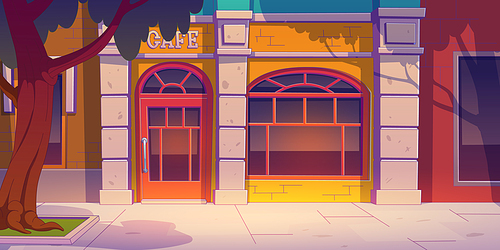 Cafe facade in city street with tree on sidewalk. Vector contemporary illustration of yellow building with retro arch door and window, plant shadow on wall. Cozy coffee shop exterior. Small business