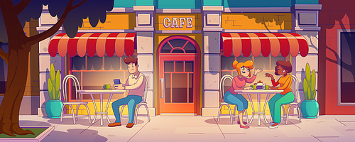 Happy people sitting in outdoor cafe. Vector contemporary illustration of male and female characters chatting, scrolling smartphone at coffee shop tables in city street in tree shadow. Urban lifestyle