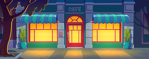 Cafe, restaurant or coffee shop exterior. City street with building with cafeteria facade with glass door and windows at night, vector illustration in contemporary style