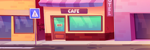 Modern cafe facade with large window and open sign on door. Vector cartoon illustration of urban neighborhood exterior, shop and hotel buildings, empty city street with road crossing, graffiti on wall