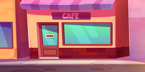 Building exterior with cafe, restaurant or coffee shop. Empty city street landscape with cafeteria front. Small diner or cafe storefront with door and awning, vector cartoon illustration