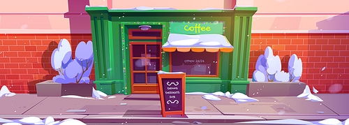Coffee shop exterior in winter. Vector cartoon illustration of city cafe facade decorated with colorful garland, large window and wooden door, Christmas discount announcement on street sidewalk
