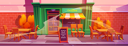 Coffee shop exterior in autumn. Vector cartoon illustration of city cafe with large window and wooden door, chairs and tables on street, discount announcement on sidewalk, yellow foliage flying in air