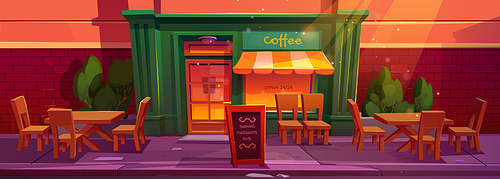 Cafe exterior with table and chair outside cartoon background. Outdoor restaurant on city street vector illustration. Retro signboard near bar entrance. Vintage furniture for coffeehouse on sidewalk.