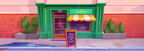 City street with coffee shop front in rain. Cafe entrance in building facade and signboard outside on empty sidewalk in rainy weather, vector cartoon illustration