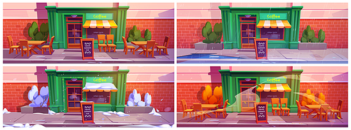 Four season set of coffee shop exterior. Vector cartoon illustration of city cafe with large window and wooden door, chairs, tables on street in yellow autumn, snowy winter, sunny summer, rainy spring
