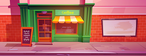 Cartoon city cafe with green retro facade. Vector illustration of dirty urban street, litter on ground, restaurant exterior with large window, door, discount announcement, blank banner on brick wall
