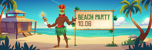 Beach party announcement with Tiki man in mask holding torch on Hawaii or tropical island with hut on sandy shore, aboriginal character with toothy face invite for fun, Cartoon vector illustration