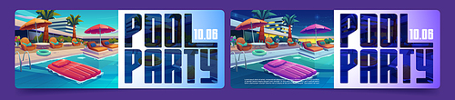 Pool party banners, invitation for resort event, cartoon flyer templates with inflatable mattress floating in water at hotel recreational area. Summer holidays, vacation relax, Vector illustration